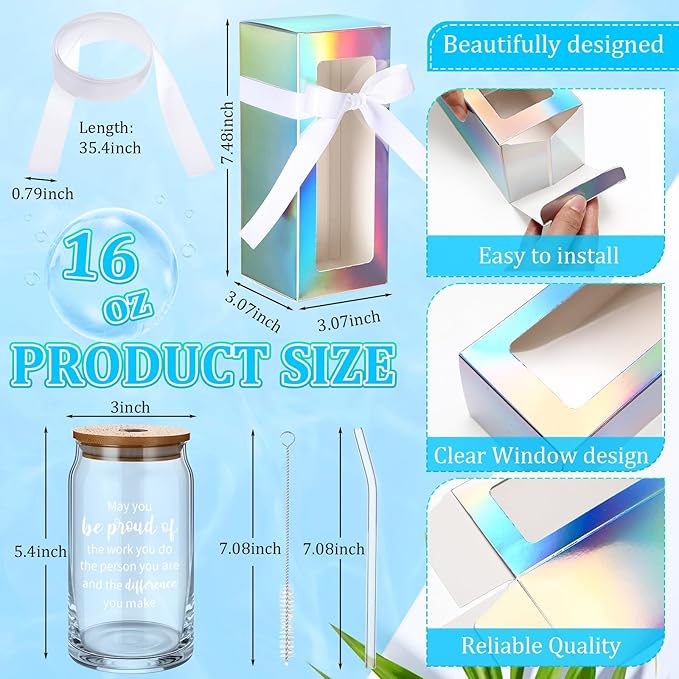 Layhit 12 Set Employee Appreciation Gifts Bulk Thank You Glass Cups for Staff Coworker 16 oz Can Shaped Beer Glass with Lids Straws Brushes Ribbon and Gift Boxes for Women Nurse Teachers Day(Proud)