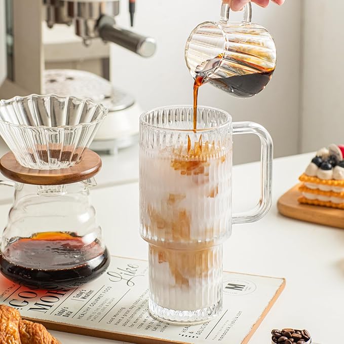 INSETLAN 26oz Raindrop Glass Tumbler with Handle and Lid, Set of 2 – Reusable Iced Coffee Cups with Lids, Clear Glass Cups with Straw for Coffee, Smoothies, Tea, Juice – Perfect for any Occasion