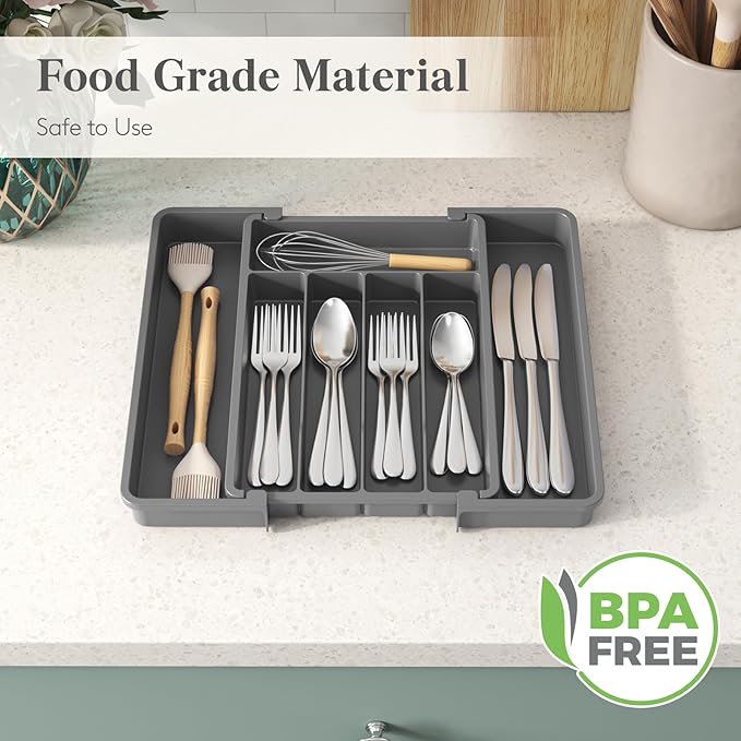 Lifewit Silverware Drawer Organizer, Expandable Utensil Tray for Kitchen, BPA Free Flatware and Cutlery Holder, Adjustable Plastic Storage for Spoons Forks Knives, 8.5"-14.1" x 12.1", Dark Gray