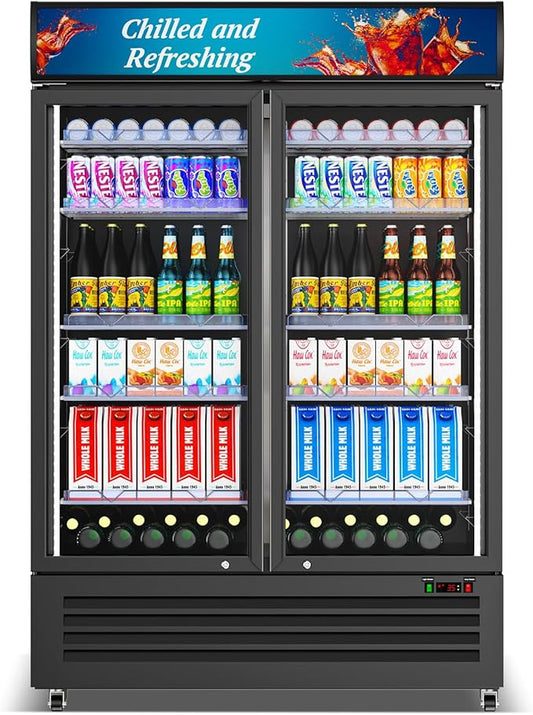 Commercial Beverage Refrigerator with 2 Glass Door, 383L Display Fridge Beverage Cooler with Customizable Lightbox Adjustable Shelves, Drink Fridge Merchandiser for Restaurant Shop, Black