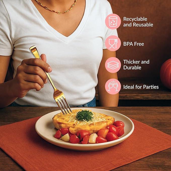 Prestee 100 Count Plastic Forks - 7" Heavy Duty Gold Plastic Silverware Utensils - Elegant, Disposable Gold Forks for Weddings, Parties, and Holidays - Fancy Flatware Set for Events and Catering