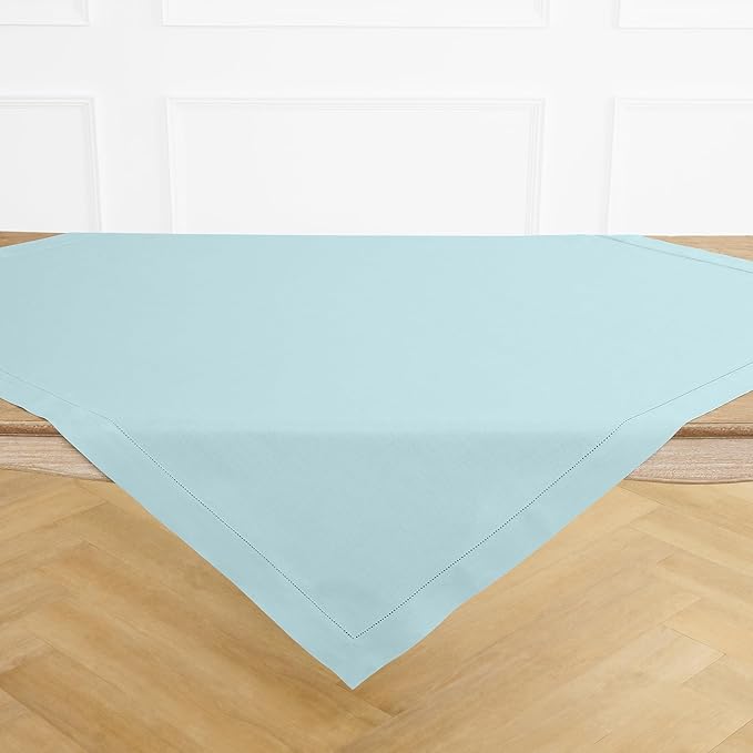 Solino Home Linen Square Tablecloth 52 x 52 Inch - 100% Pure Linen Aqua Blue Table Throw - Classic Hemstitch, Machine Washable Table Cloth for Winter