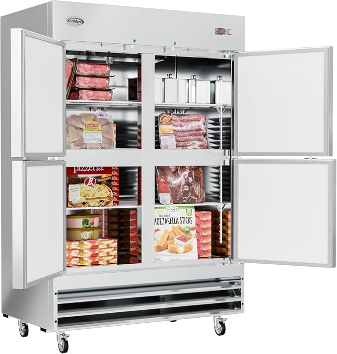 KoolMore RIF-2D-SSHD Commercial Stainless-Steel Reach-in Freezer with Half Door Access for Restaurant, Cafe, and Frozen Food Storage, Large 47 Cu. Ft. Capacity, Heavy Duty Kitchen Use, 4, Silver