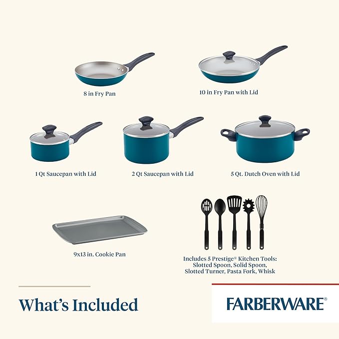 Farberware 20361 Dishwasher Safe Nonstick Cookware Set / Pots and Pans Set - 15 Piece, Blue