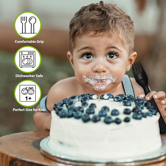 12 Pcs Kids Spoons and Forks Toddler Utensils Plastics Reusable Silverware Baby Cutlery Set Feeding Dinnerware Utensils BPA Free Microwave Dishwasher and Freezer Safe- Black