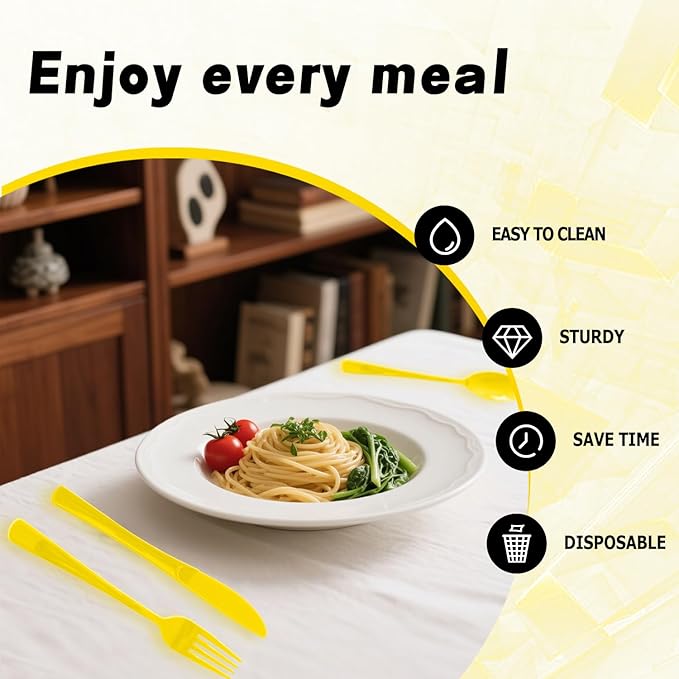 150 Pack Disposable Plastic Silverware, Heavy Duty Yellow Plastic Cutlery Set Includes 50 Forks 50 Knives 50 Spoons for Birthday Wedding Party Picnics (150, Yellow)