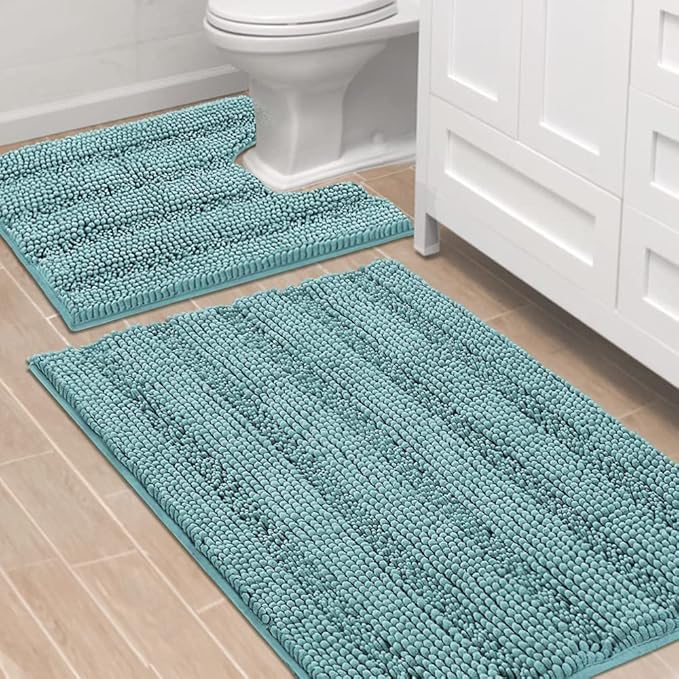 H.VERSAILTEX Bathroom Rugs Bath Rug Set 2 Piece Bathroom Contour Rug Toilet Mat Sets Non Slip Contour Bath Rug Ultra Thick Water Absorbent Striped Bath Mats(36" x 24" Plus 20" x 24" U, Aqua Haze)
