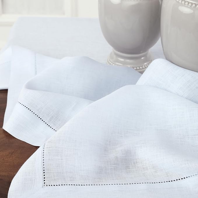 Solino Home Light Blue Linen Tablecloth 60 x 132 Inch - 100% Pure Linen Hemstitch Table Cloth for Rectangle Tables - Classic Hemstitch, Machine Washable Tablecloth