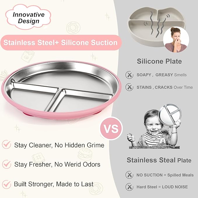 Bella's Friends Stainless Steel Toddler Plates Silicone Suction,3 Packs Non-Slip Baby Plates,Divided Portion,Food-Grade Silicone Plate for Kids,LEAD-FREE Dishwasher Safe, Green Blue Gray