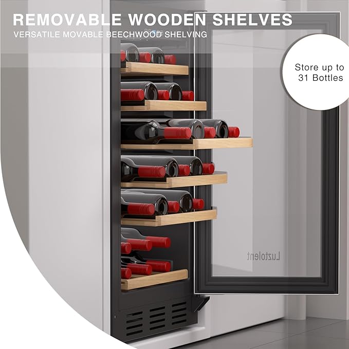 31 Bottles Wine Cooler Refrigerator, 15 Inch Wine Cooler with Single Zone, Built-in or Under Counter, 41-64°F Digital Touchscreen, Triple-Layer Glass,Wine Cellars for kitchen