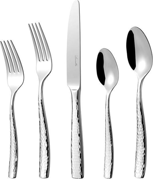 Luciella Ponza Flatware Set for 8, 45-Piece Stainless Steel Silverware Set with Serving Utensils, Timeless Hammered Design, Rust-Resistant, Mirror Polished & Dishwasher Safe