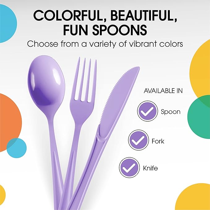 Party Solids Lavender Plastic Spoons 200 Pcs Lavender Spoons Disposable Utensils Heavy Duty Plastic Cutlery Set Disposable Cutlery Sets Flatware Sets Silverware Set Party Supplies & Party Tableware