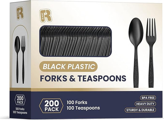 200 Count Black Plastic Silverware Heavy Duty - Black Plastic Forks And Spoons Set - BPA Free Plastic Utensils Set - Heat Resistance Cutlery For All Occasions