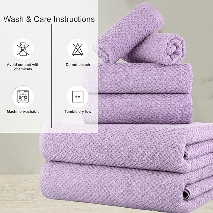 CASA COPENHAGEN Popcorn 6 Pieces Towel Set- Purple Rose, 600 GSM 2 Bath Towel 2 Hand Towel 2 Washcloth, Designed in Denmark Made of Soft Egyptian Cotton for Bathroom, Kitchen & Shower