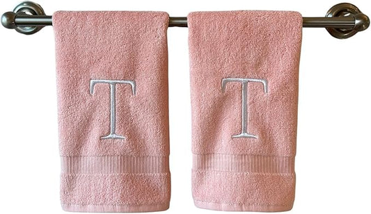 Pink Initial Hand Towel for Bathroom - Monogrammed Luxury Hotel Quality Decorative Embroidered Towel for Powder Room, Spa - GOTS Organic Certified - Set of 2 Letter T