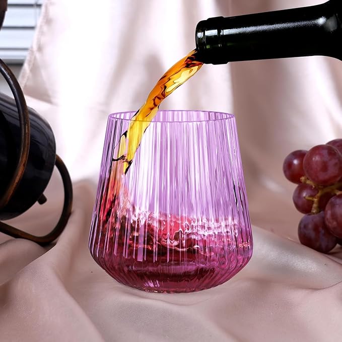 40 Pack Plastic Ribbed Wine Glasses, 14Oz Origami Disposable Wine Glasses Unbreakable Clear Plastic Cocktail Glasses Recyclable Shatterproof Reusable Wine Cups (14oz-purple-40pack)