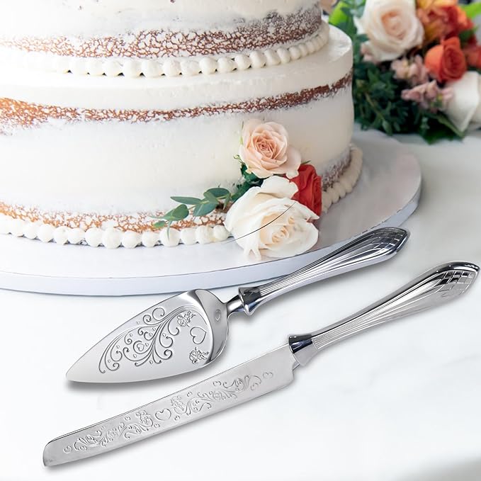 KSENDALO Wedding Cake Cutting Set - Cake Knife and Server Set, Deluxe SUS304 Stainless Steel Cutter & Server for Weddings, Birthdays, Anniversaries & Celebrations (13.78 Inch, Silver)