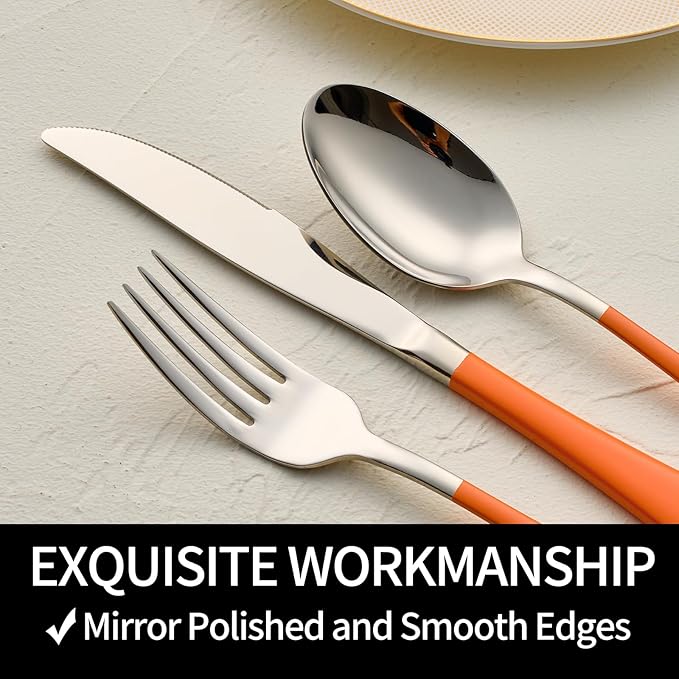 20-Pieces Orange Silverware Sets for 4,Orange Handle Stainless Steel Cutlery Set, Include Forks Spoons and Knives Set, Dishwasher Safe Utensil Sets for Home Restaurant