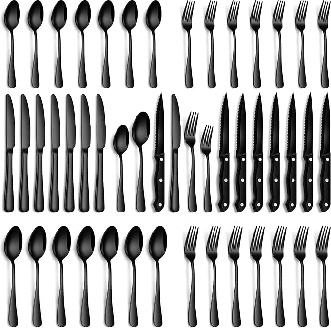 Black Silverware Set, 48-Piece Flatware Set with Steak Knives for 8, Stainless Steel Mirror Cutlery Include Forks Spoons and Knives Set, Dishwasher Safe Utensils Set for Home Restaurant