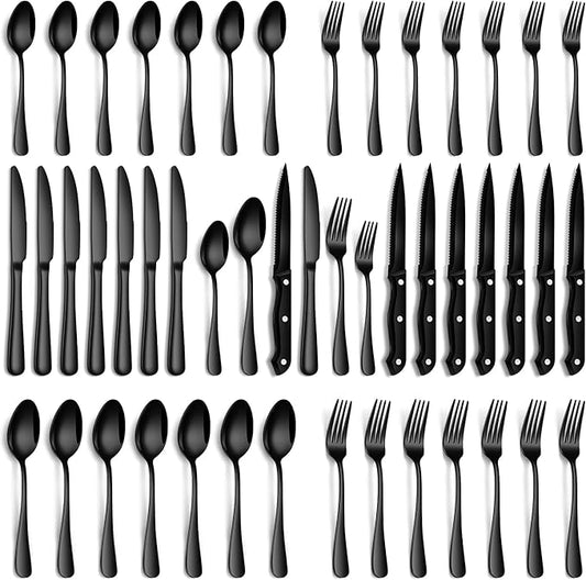 Black Silverware Set, 48-Piece Flatware Set with Steak Knives for 8, Stainless Steel Mirror Cutlery Include Forks Spoons and Knives Set, Dishwasher Safe Utensils Set for Home Restaurant