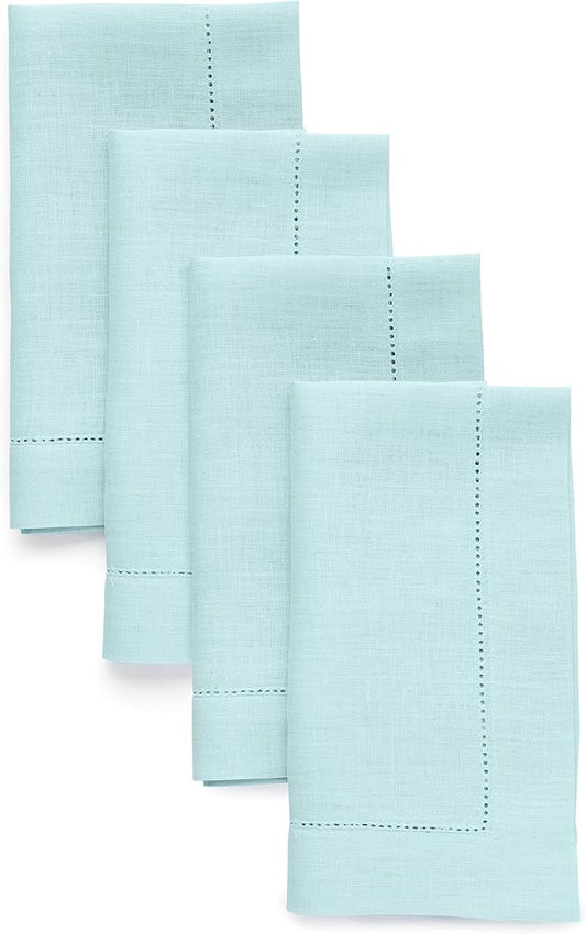 Solino Home Aqua Blue Linen Napkins Set of 4-100% Pure Linen Hemstitch Dinner Napkins 20 x 20 Inch for Winter - Classic Hemstitch