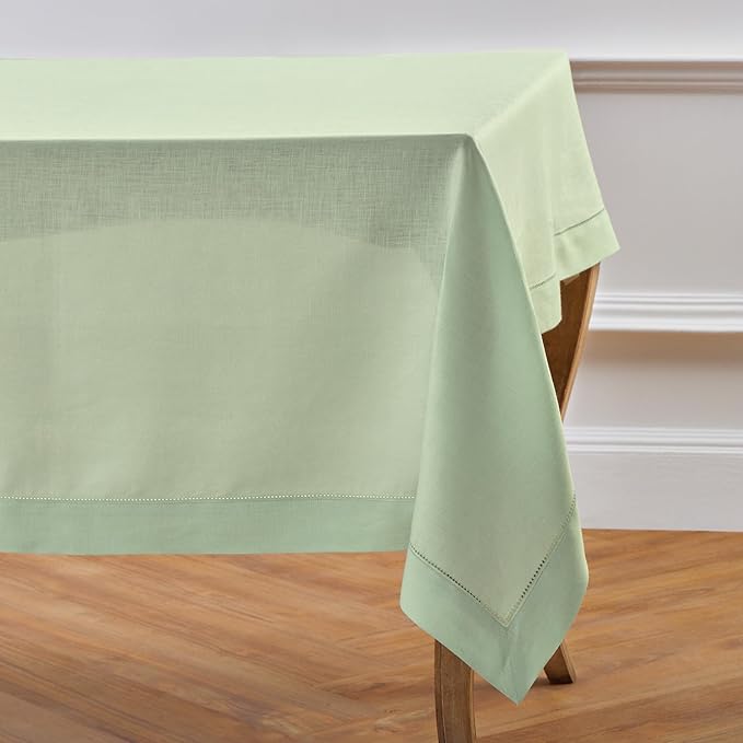 Solino Home Linen Tablecloth for Rectangle Tables 60 x 120 Inch - Classic Hemstitch 100% Pure Linen Light Green Table Cloth - Machine Washable Cloth Tablecloth