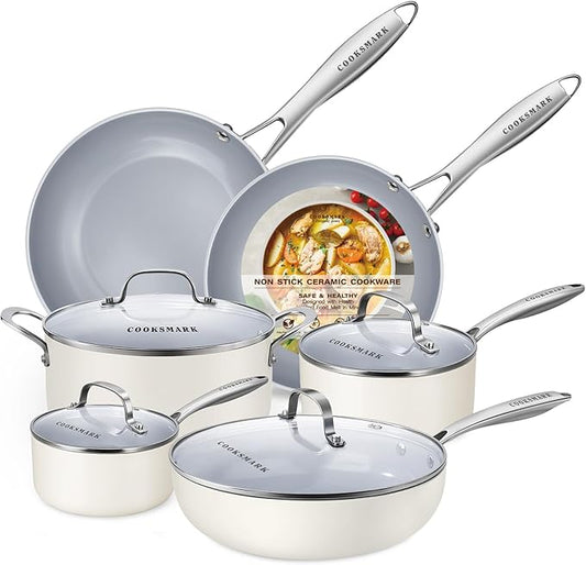 10-Piece Ceramic Nonstick Cookware Set - PFOA-Free Pots and Pans with Glass Lids, Healthy Cooking Easy Clean, Induction Compatible & Oven Safe, Includes Frying Pan, Saucepan, Stockpot - Cream White