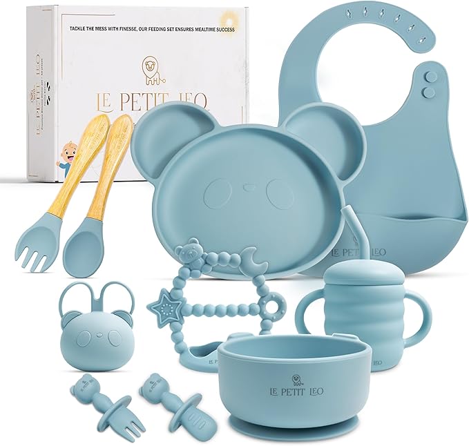 Silicone Baby Feeding Set - Complete Baby Led Weaning Supplies with Non-Toxic Silicone Bibs, Suction Plates, Suction Baby Bowl, Sippy Cup, Baby Spoons and Fork, Toddler Utensils (Baby Sky)
