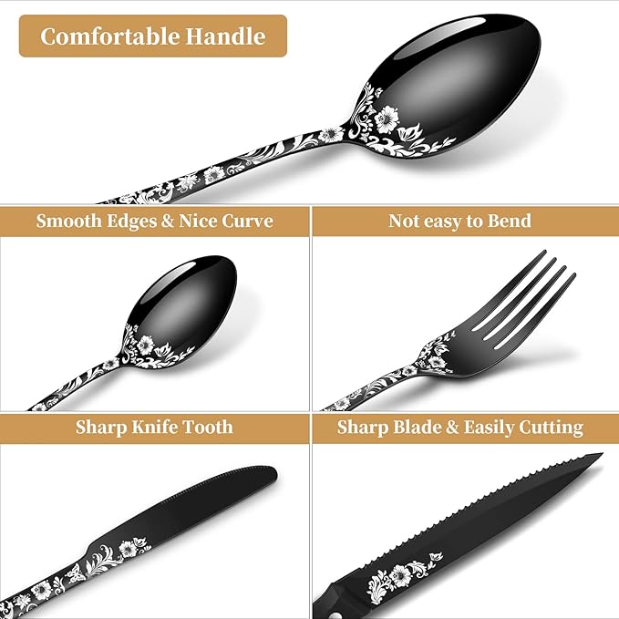 48-Piece Black Silverware Set with Steak Knife, Black Flatware Sets for 8, Stainless Steel Cutlery Set Includes Forks Knives Spoons,Unique Pattern Design，Mirror Polished and Dishwasher Safe