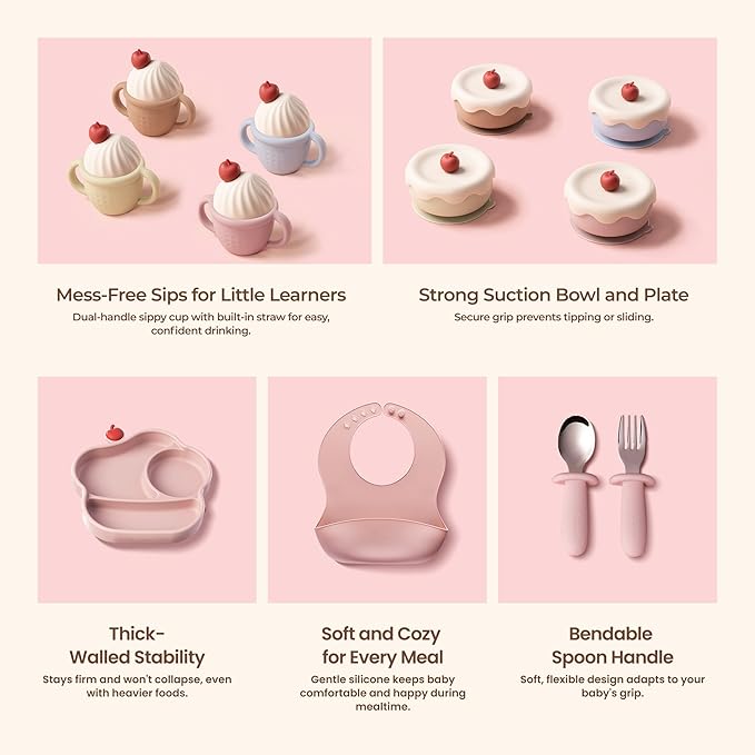 Silicone Baby Feeding Set, Gelato Collection Baby Led Weaning Supplies, First Self-Feeding Set with Suction Bowl & Plate, Sippy Cup & Bib, Fork & Spoon,