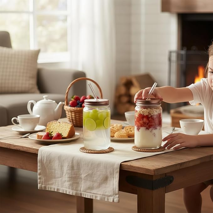 16oz Glass Cups with Lids and Straws - 2Pcs Reusable Juice Bottles,Drinking Glasses Set for Coffee Bar Accessories,Matcha Cup Glass Tumbler Reusable for Gifts