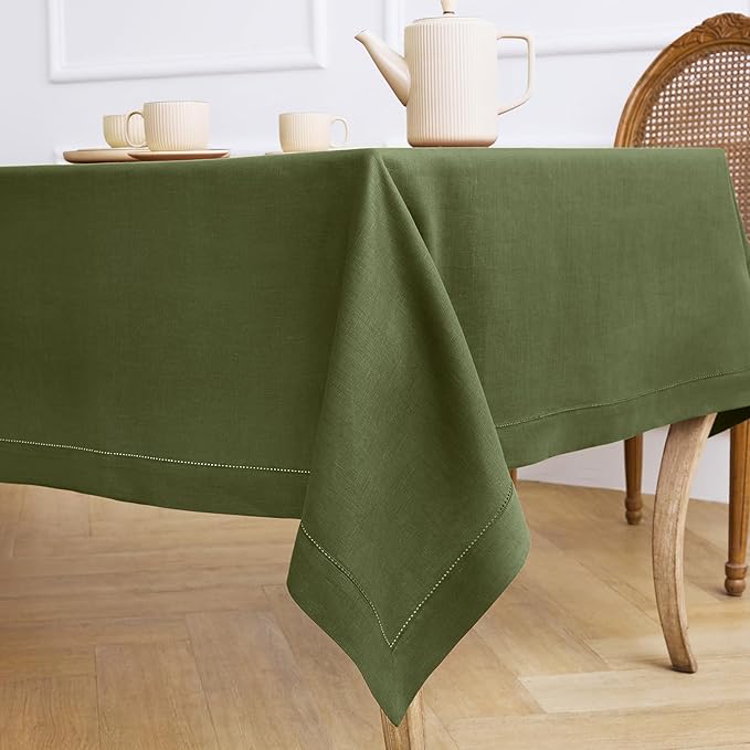 Solino Home Olive Linen Tablecloth 60 x 120 Inch - 100% Pure Linen Hemstitch Table Cloth for Rectangle Tables - Classic Hemstitch, Machine Washable Tablecloth