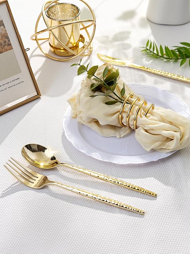 U-QE 60 PCS Gold Plastic Forks - 7.7 Inch Hammered Heavy Duty Plastic Forks - Elegant Gold Plastic Silverware - Perfect for Parties & Weddings and Other Daily Events