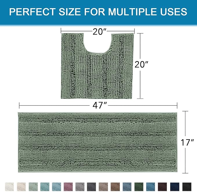 H.VERSAILTEX Bathroom Rugs Bath Rug Set 2 Piece Bathroom Contour Rug Toilet Mat Non Slip Contour Bath Rug Ultra Thick Water Absorbent Striped Bath Mats Washable(47" x 17" Plus 20" x 20" U, Green Bay)