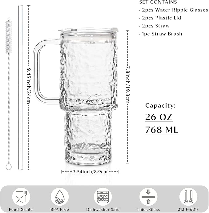 INSETLAN 26oz Water Ripple Glass Tumbler with Handle and Lid, Set of 2 – Reusable Iced Coffee Cups with Lids, Clear Glass Cups with Straw for Coffee, Smoothies, Tea, Juice – Perfect for any Occasion