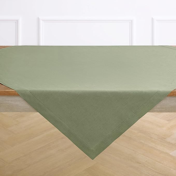 Solino Home Linen Square Tablecloth 52 x 52 Inch - 100% Pure Linen Oil Green Table Throw - Fete, Machine Washable Table Cloth for New Year