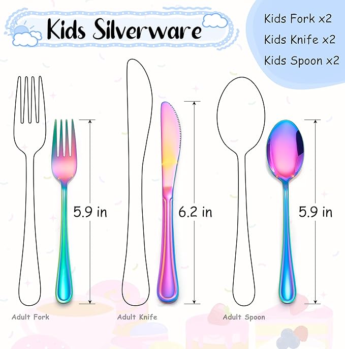E-far 6-Piece Kids Silverware, Stainless Steel Toddler Utensils Safe for Preschooler/Children, Includes 2 Forks 2 Spoons 2 Knife, Slimline Adult Look & Small Size, Rust Free & Mirror Polished-Rainbow