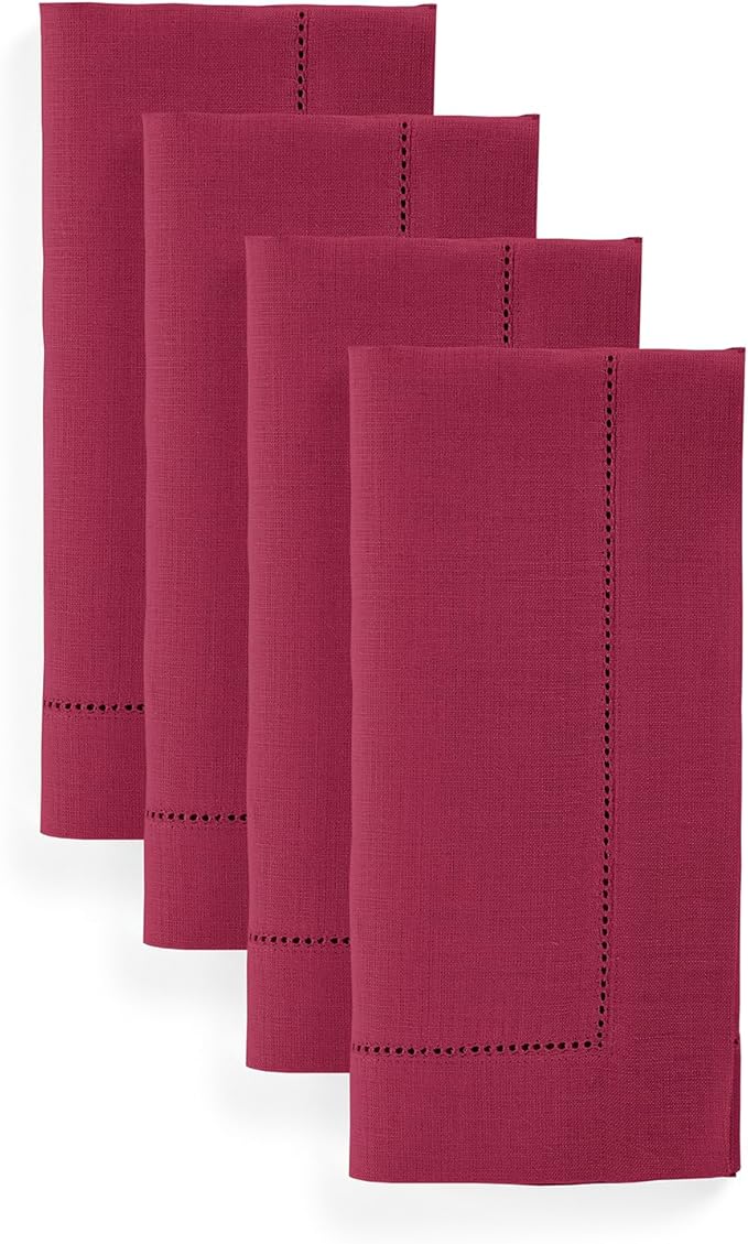 Solino Home Linen Cloth Napkins Set of 4-100% Pure Linen Beet Dinner Napkins 20 x 20 Inch for Valentines, Winter, New Year - Classic Hemstitch, Handcrafted and Machine Washable