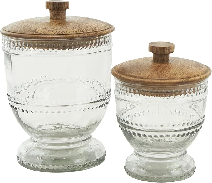 Deco 79 Glass Living Room Decorative Jars Beaded Decorative Container with Wood Lids, Set of 2 Jar with Lid 8", 7"H, Clear