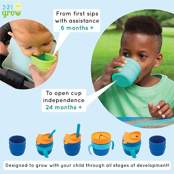 Easy Learn Drink and Snack Set – Baby + Toddler Silicone Learning Cup & Snack Set, Training Cup for Straw and Open Cup Independence – Dishwasher Safe (Midnight)