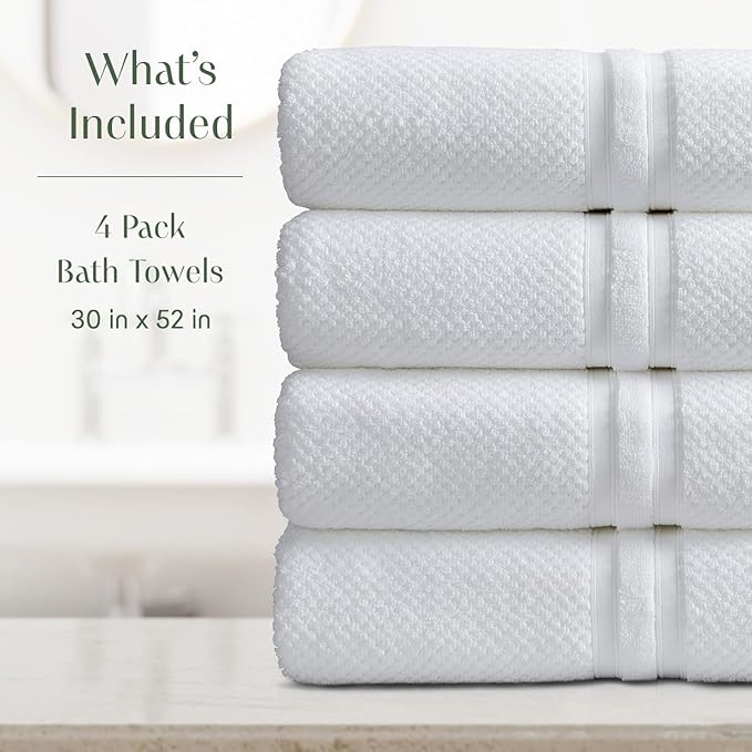 Springtree Home White Bath Towels Set of 4 | Popcorn Textured | 100% Combed Cotton | Absorbent Quick-Dry Towels for Bathroom | Oeko-TEX® Standard 100 Cotton | Poli Collection - Bright White