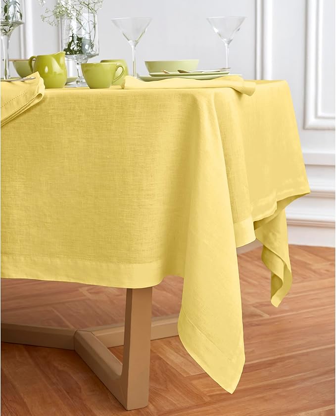 Solino Home Yellow Linen Tablecloth 70 x 132 Inch - 100% Pure Linen Table Cloth for Rectangle Tables - Sonoma, Machine Washable Tablecloth