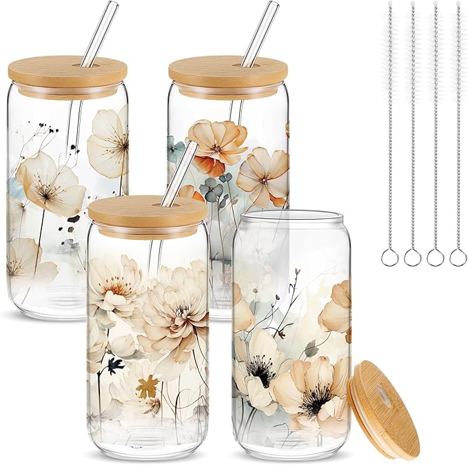 Mumufy 4 Pcs Gift for Women Chinoiserie Flower Glass Cup Tumbler Flower Iced Coffee Mugs 16 oz Glass with Bamboo Lid & Straw, Mothers Day Birthday Gift for Mom Sister Bridesmaid Baby Shower