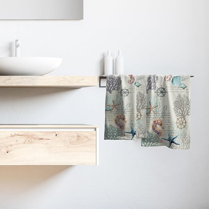 Imiss Nautical Blue Coral Hand Towels Set of 2 Vintage Seashell Starfish Compass Decorative Bath Towels Soft Small Fingertip Face Towel for Home Bathroom Hotel