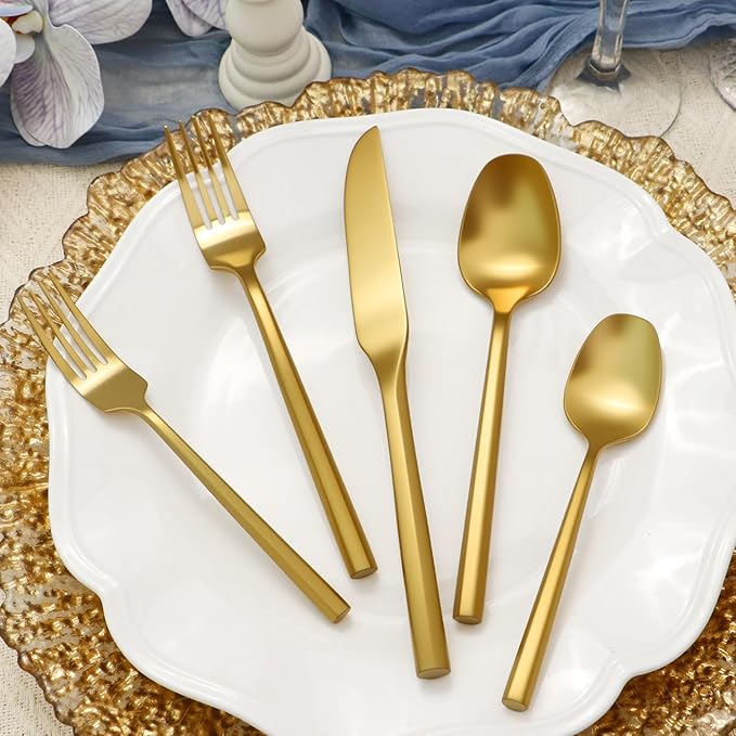 Silverware Set 20-Piece Stainless Steel Matte Gold Cutlery, Hand Forged Thick Hexagon Handle Flatware Sets, Service for 4