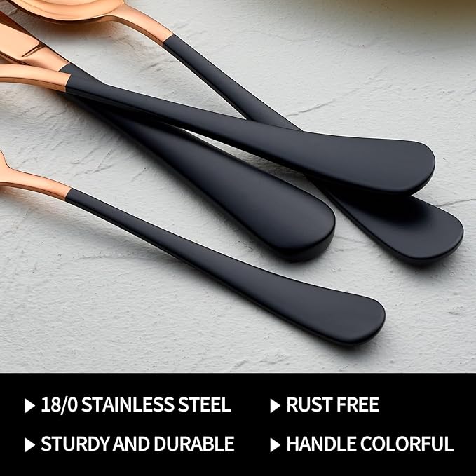 20-Pieces Rose Gold and Black Silverware Sets for 4,Black Handle Stainless Steel Cutlery Set, Include Forks Spoons and Knives Set, Dishwasher Safe Utensil Sets for Home Restaurant