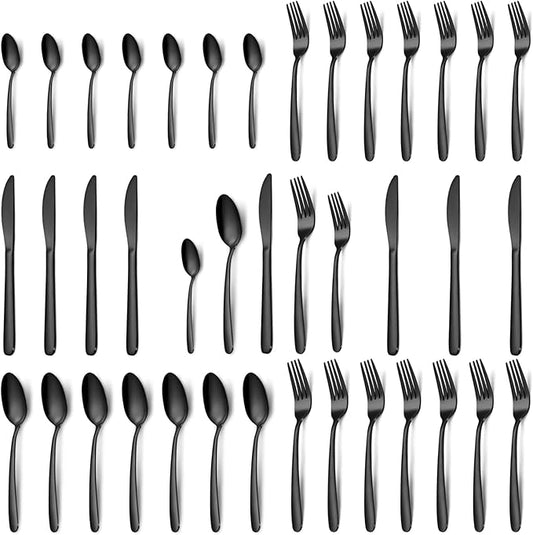 Black Silverware Set - 40PCS Stainless Steel Silverware Set for 8, Includes Forks Spoons and Knives, Utensil Sets for Home Kitchen Restaurant, Dishwasher Safe