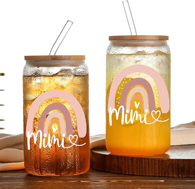 Mimi Glass Cups 16 Oz - with Lids and Straws, Mothers Day, Birthday and Christmas Gifts, Perfect for Office, and Home Use