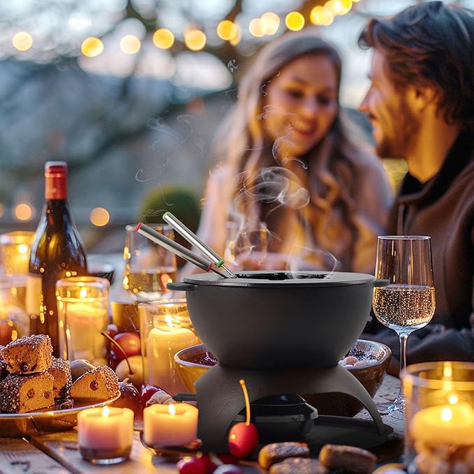 Artestia 5-Cup Cast Iron Fondue Pot for Chocolate, Cheese Fondue Pot with 6 Colored Forks for Fondue Party, 4-6 Person, Black