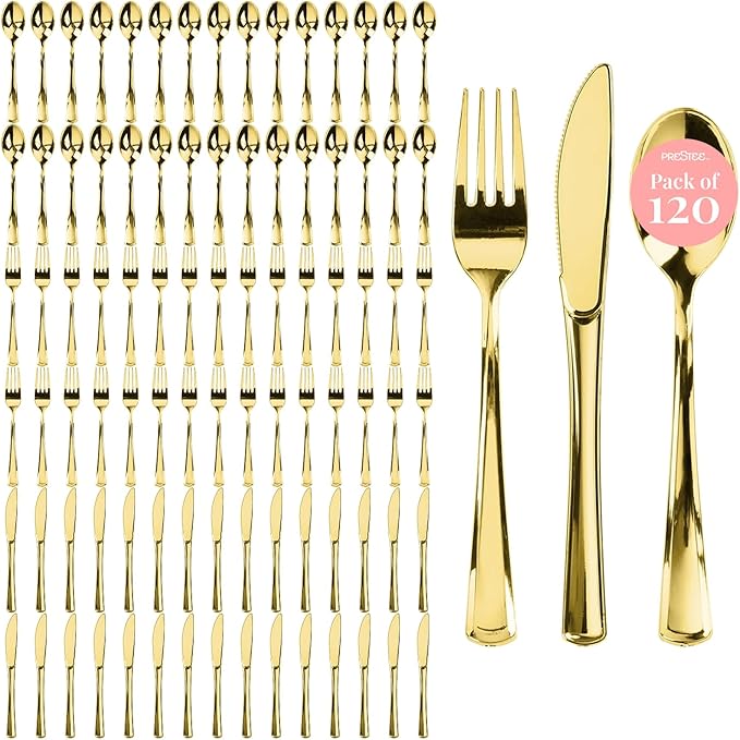 Prestee 120 Cutlery Set - Gold Plastic Silverware Set of 40 Forks, 40 Spoons, 40 Knives - Heavy Duty Plastic Utensils and Disposable Flatware - Elegant Knives Spoons and Forks Set for Events
